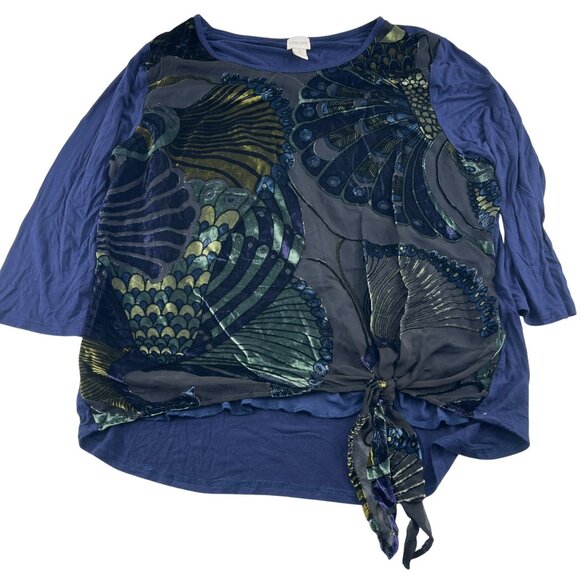 Chico's Blouse Women's Size 3 Blue Multicolor XL Peacock Velour Sheer Lined Top - Picture 1 of 5